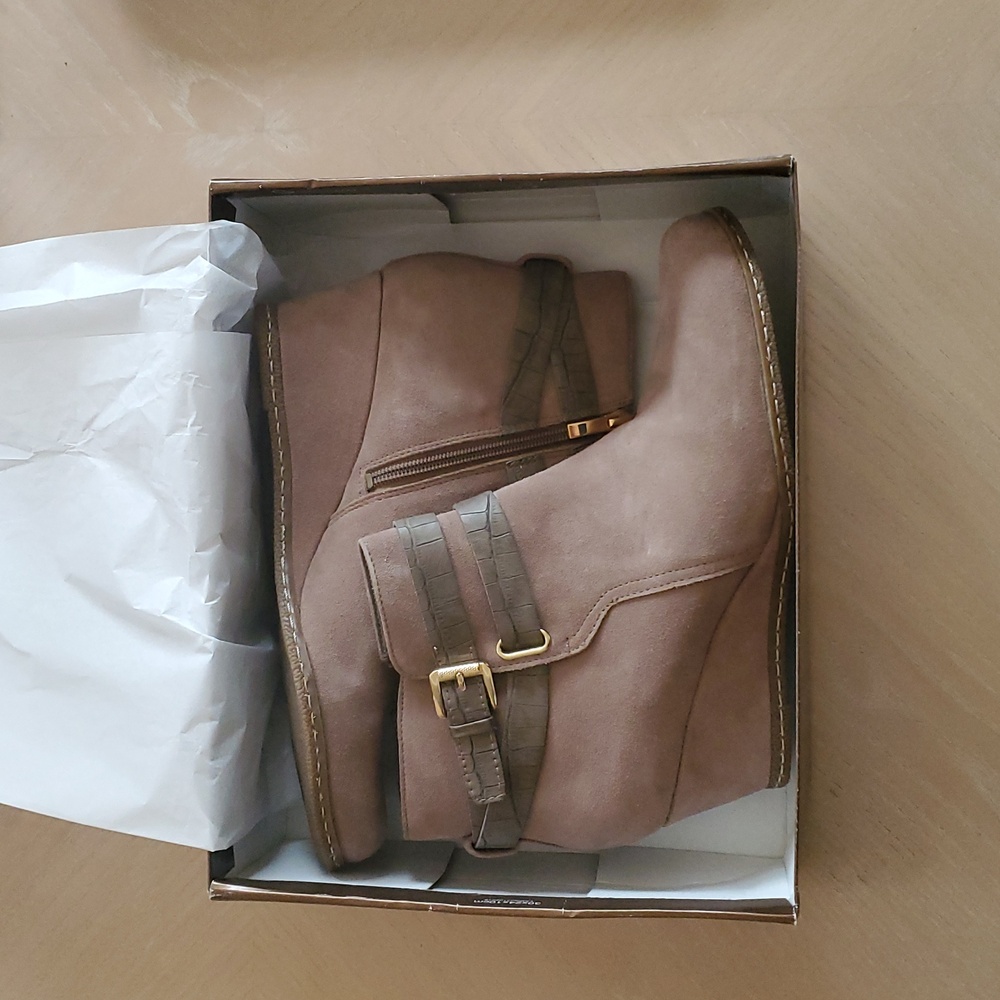 Franco Beige Suede Booties, Buckle Accents And Gold Side Zipper